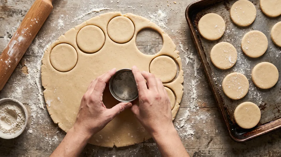 Tapas de alfajores de maicena recién cortadas con cortante redondo