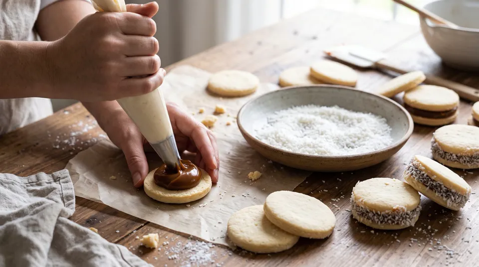 Rellenando las tapas con dulce de leche y pasando el borde por coco