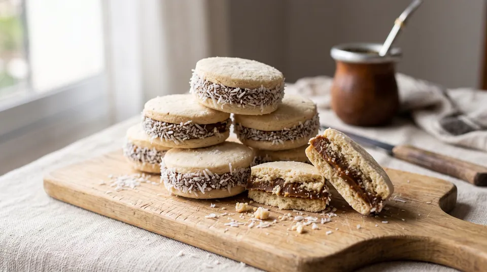 Alfajores de maicena caseros rellenos de dulce de leche y con coco rallado en el borde