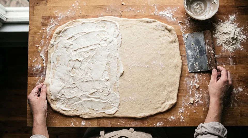 Masa estirada con el empaste de grasa untado en la mitad