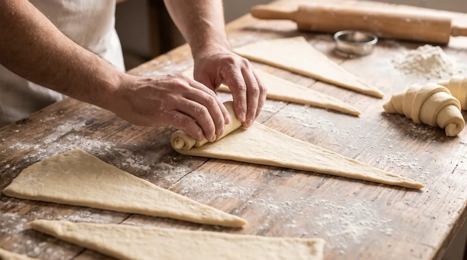 Formando los croissants de grasa a partir de triángulos de masa