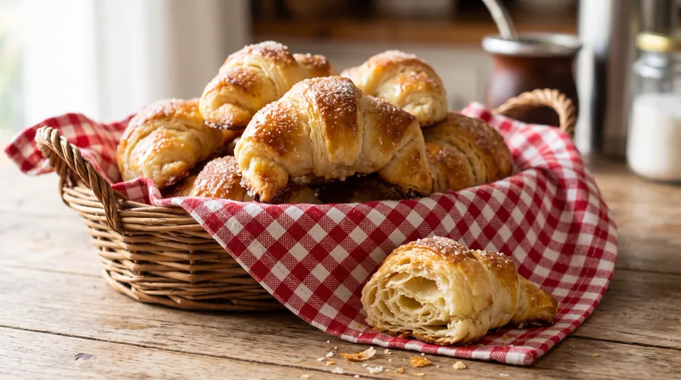 Croissants de grasa caseros dorados y brillantes en una canasta