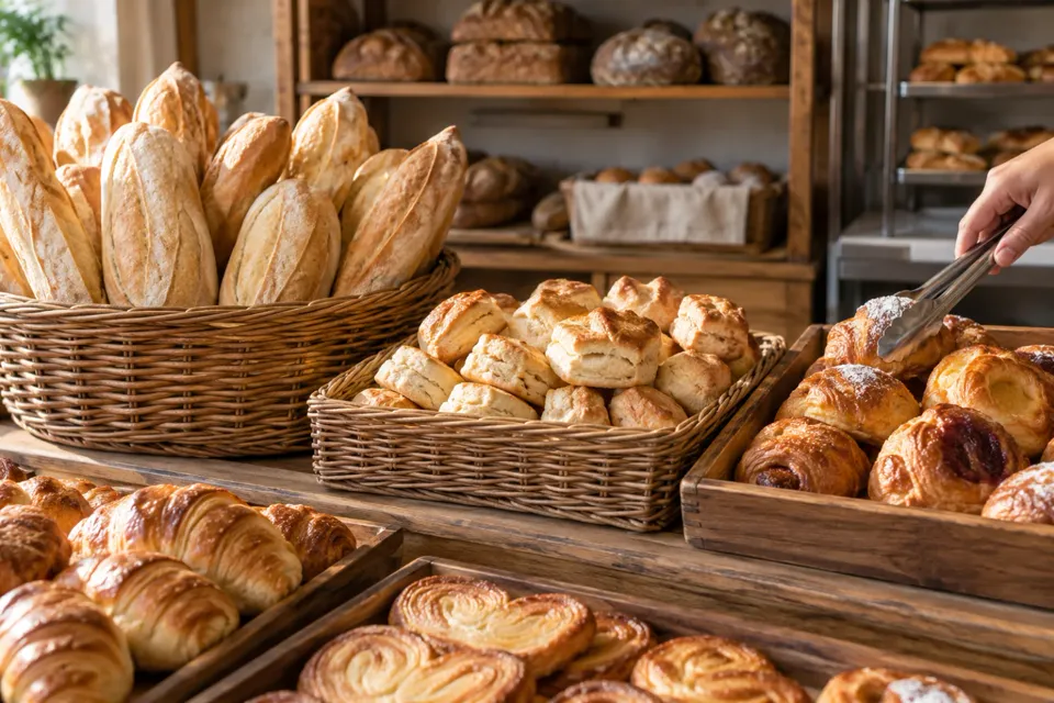 Mostrador de panadería de barrio con pan, bizcochos y facturas