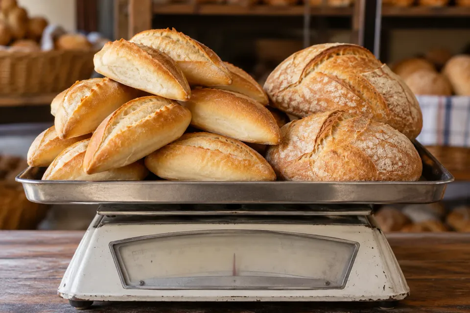 Pan flauta y pan porteño sobre una balanza de panadería