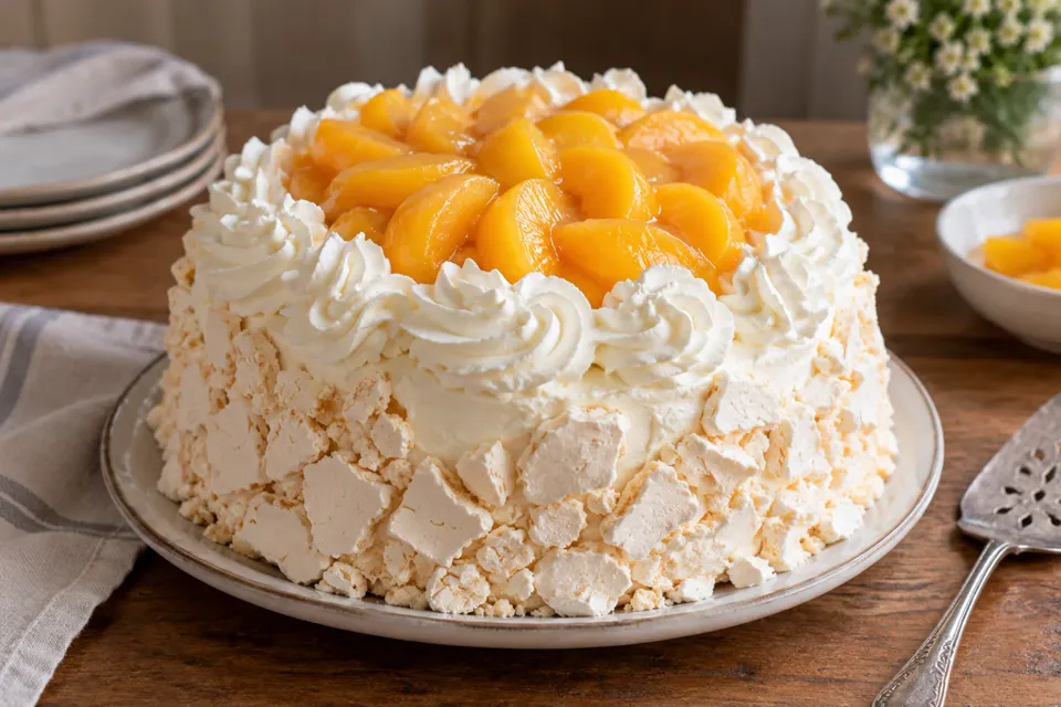 Torta de cumpleaños de chajá con merengue y duraznos
