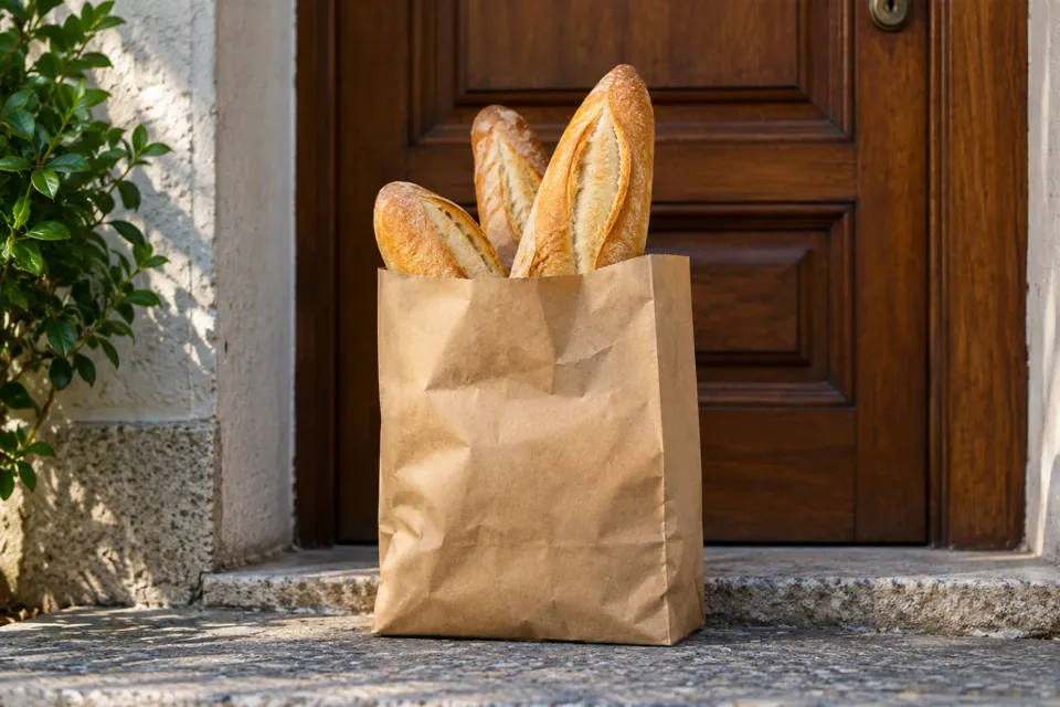 Bolsa de papel con pan flauta frente a la puerta de una casa