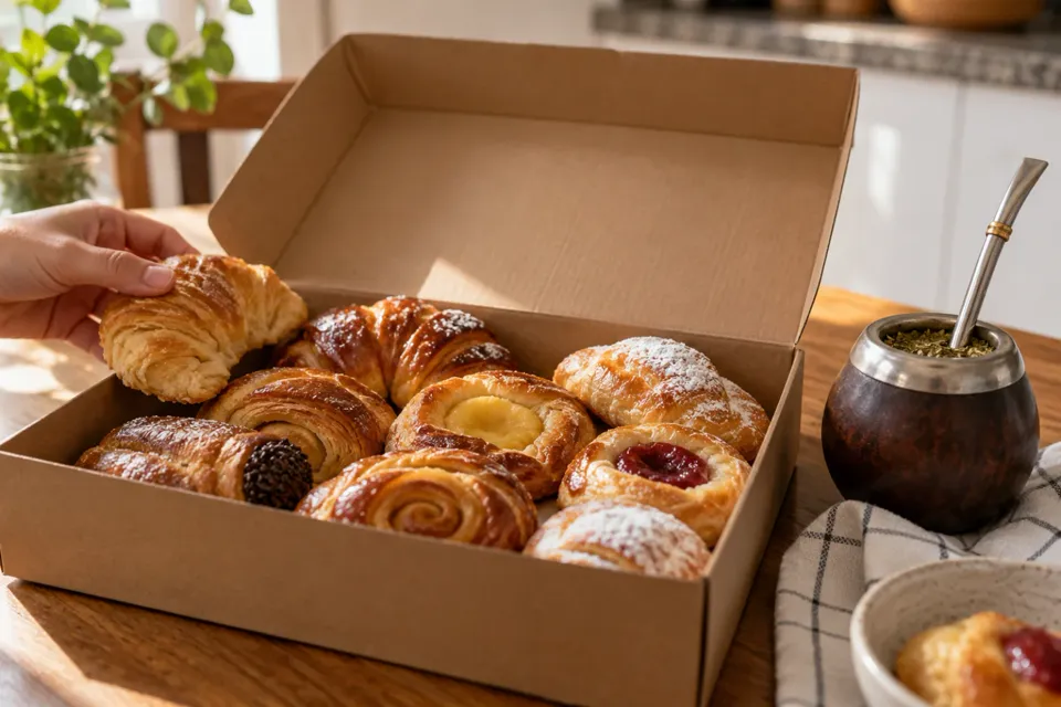 Caja de facturas abierta sobre la mesa junto a un mate