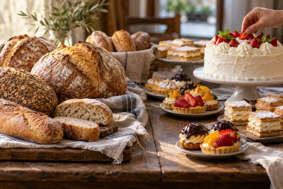 Panes de un lado y masas finas y una torta del otro