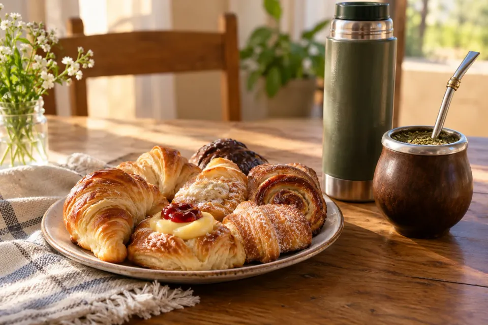 Desayuno con mate, termo y facturas sobre una mesa de madera