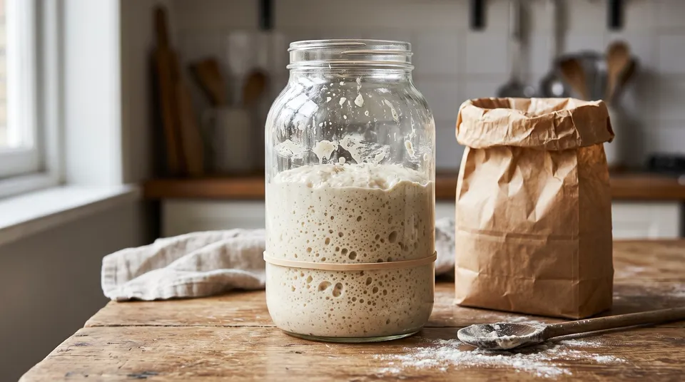 Frasco con masa madre burbujeante que duplicó su volumen