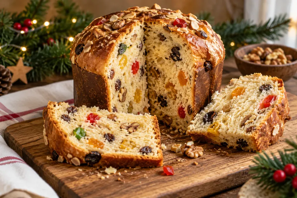 Pan dulce cortado con frutas abrillantadas y nueces