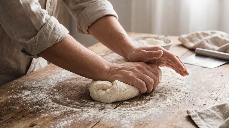 Amasando el pan casero sobre la mesada