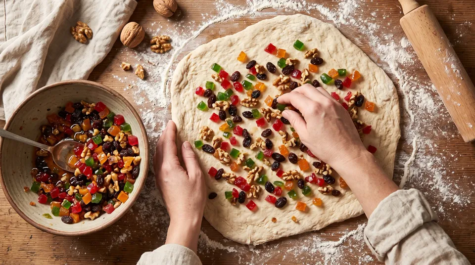 Sumando las frutas hidratadas a la masa del pan dulce