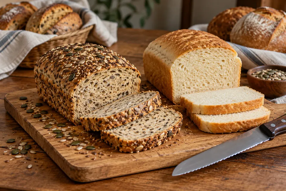 Pan de semillas y pan de molde en rodajas sobre una tabla de madera, con un cuchillo de sierra