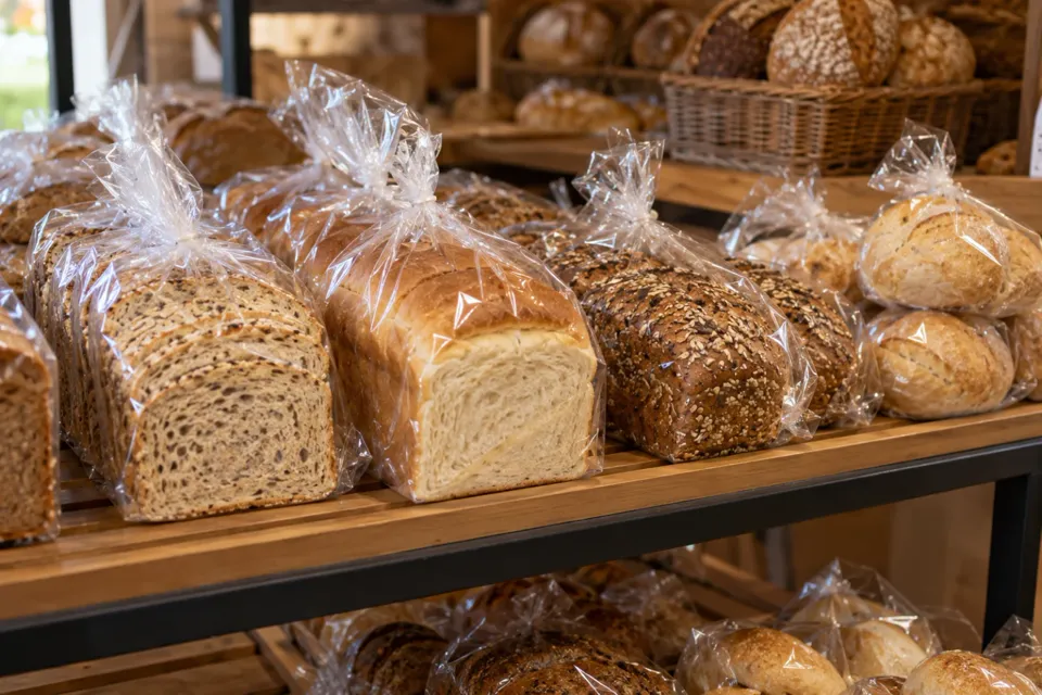 Estante de panadería con panes de molde y de semillas en bolsas transparentes