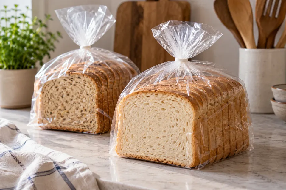 Dos panes de molde en rodajas, en bolsas transparentes sin etiqueta, sobre una mesada de cocina