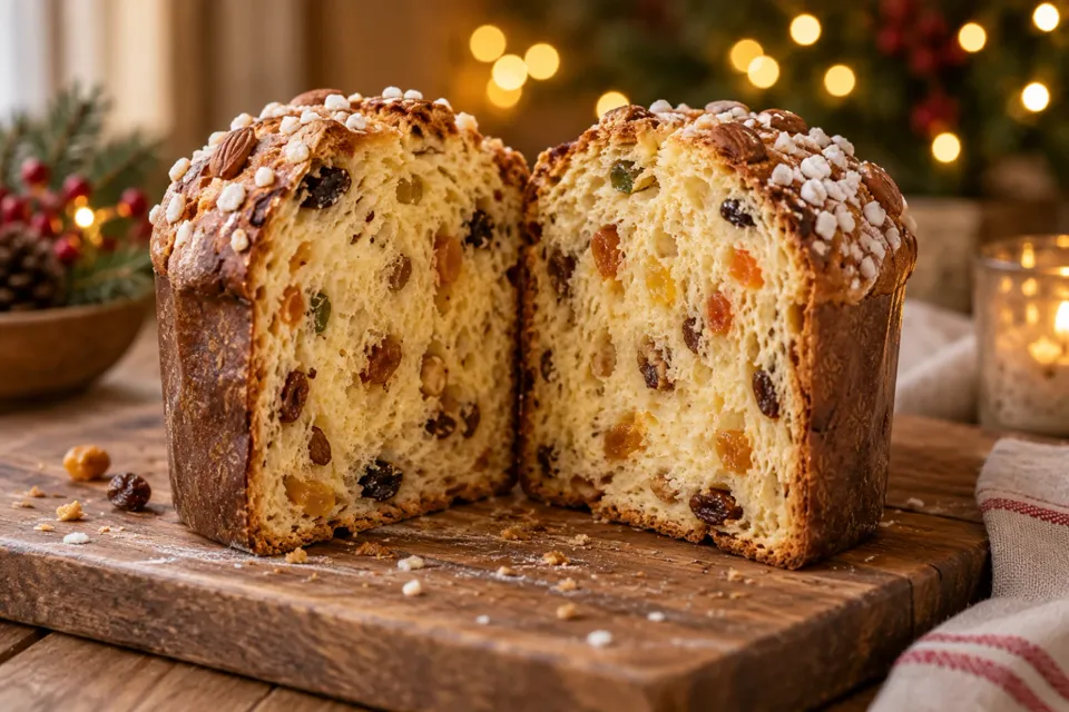 Pan dulce artesanal cortado con luces navideñas de fondo