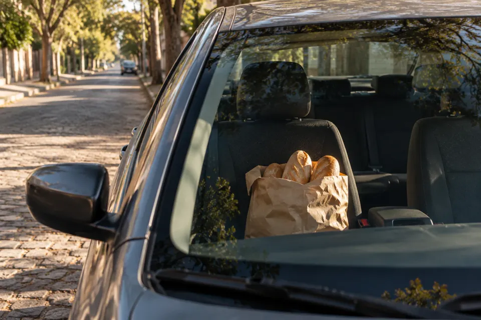 Auto estacionado con una bolsa de pan en el asiento