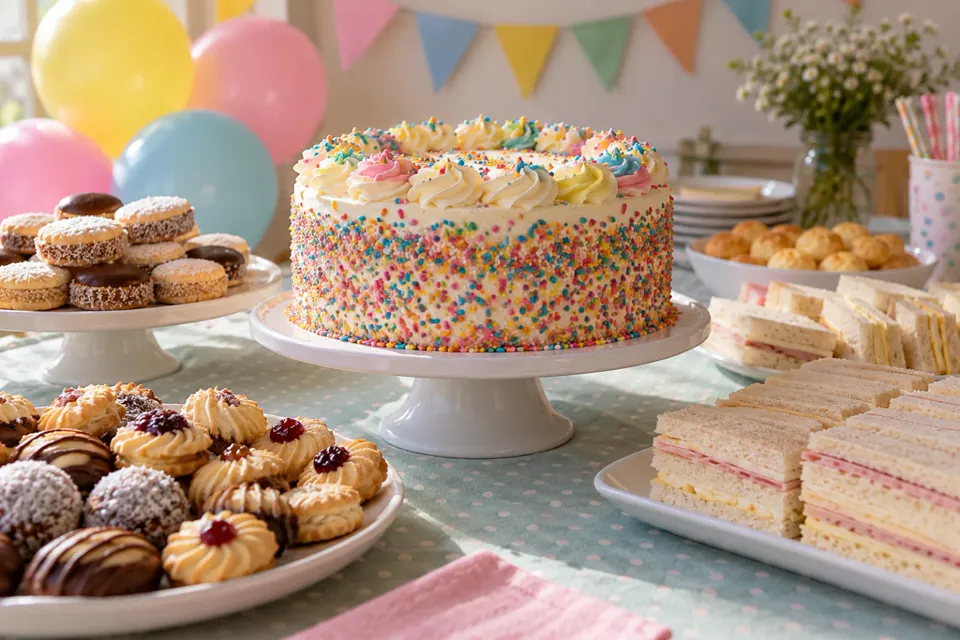 Mesa de cumpleaños infantil con torta, sándwiches y masitas