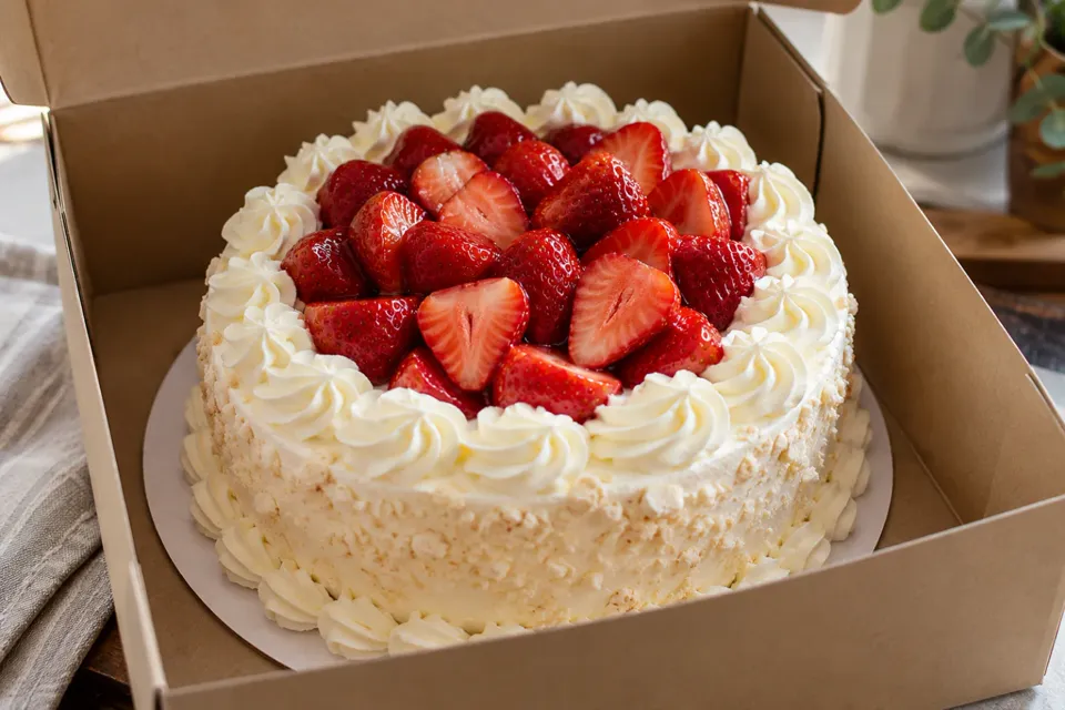 Torta de crema con frutillas en su caja