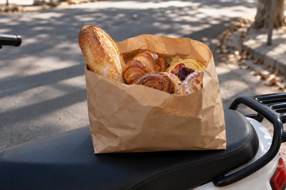 Bolsa de papel con pan y facturas sobre el asiento de una moto