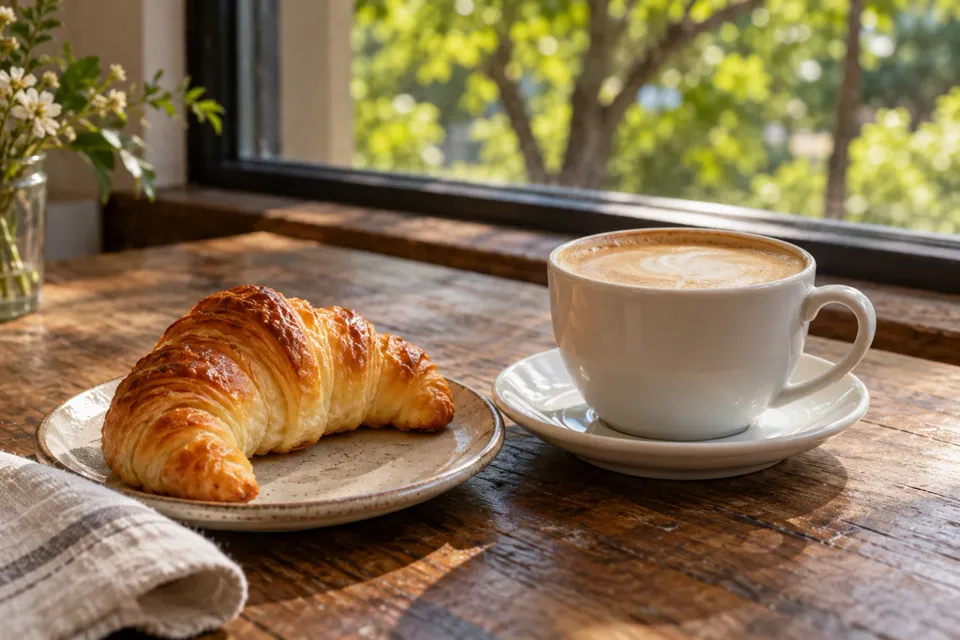 Café con leche y una medialuna junto a una ventana