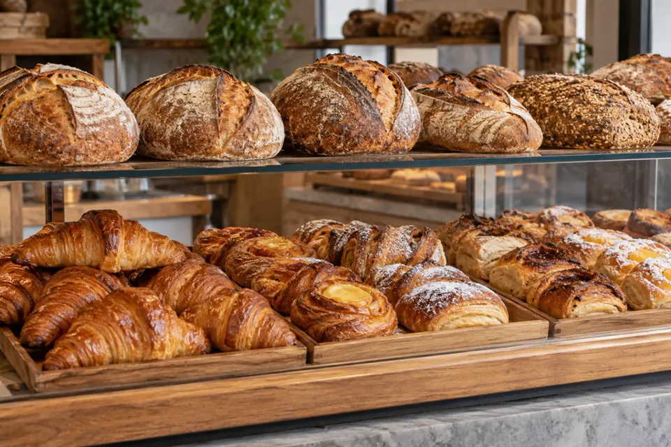 Vitrina con panes de masa madre, croissants y facturas
