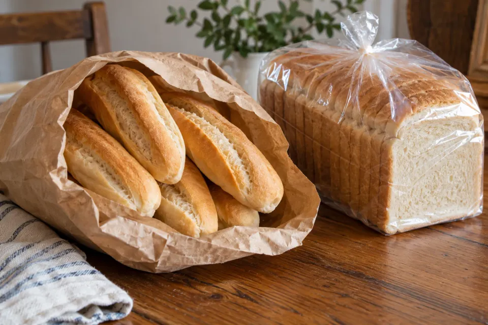 Pan flauta en bolsa de papel junto a un pan de molde envasado