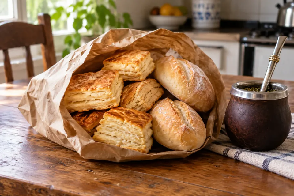 Bolsa de pan y bizcochos junto a un mate en la cocina