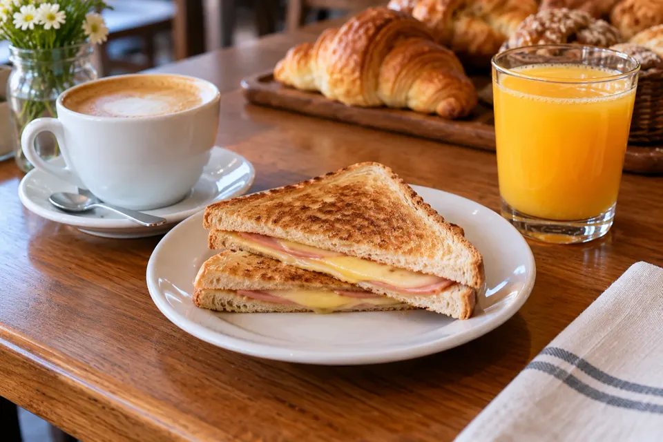 Desayuno con café, jugo y un tostado