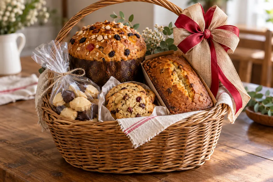 Canasta de regalo con pan dulce, budín y galletitas