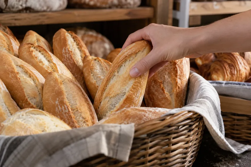Mano tomando un pan flauta de un canasto