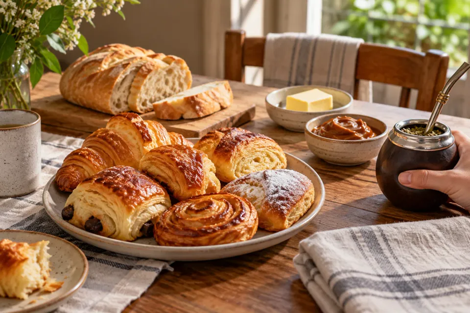 Mesa de domingo con facturas, pan y mate