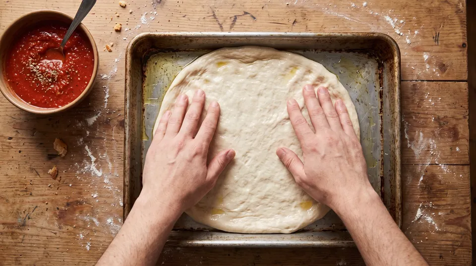 Masa de pizza estirada a mano dentro de la asadera aceitada