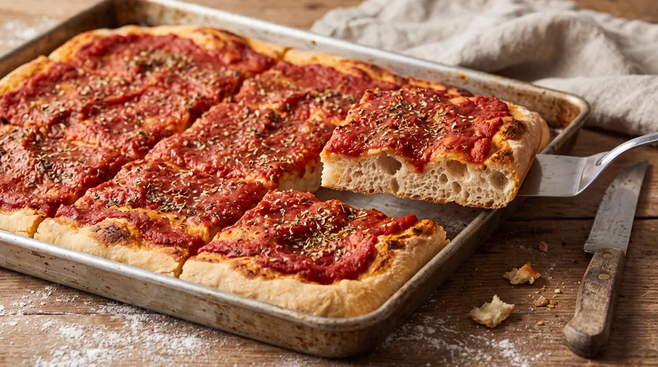Pizza de panadería al molde cortada en porciones rectangulares