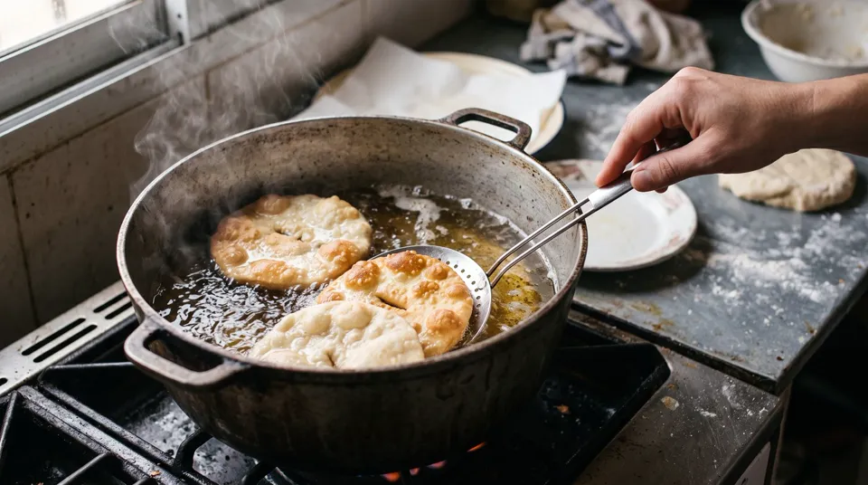 Tortas fritas dorándose en la grasa caliente