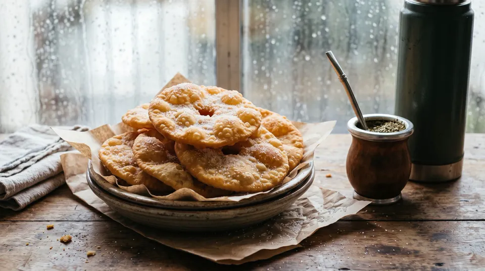 Tortas fritas recién hechas con azúcar, junto a un mate en un día de lluvia